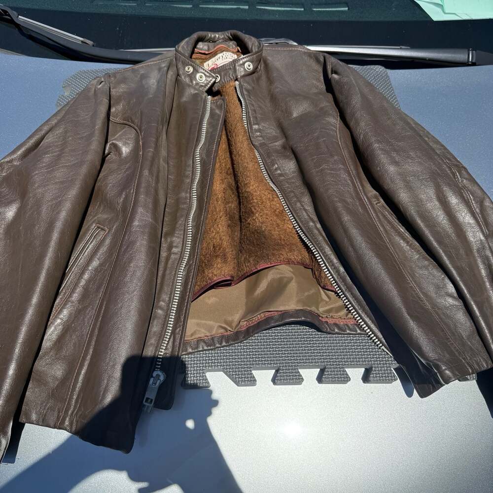 Vintage 70s The Leather Shop Sears Brown Leather Cafe Racer Motorcycle Jacket wi